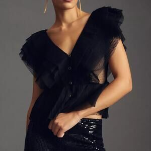 Forever That Girl (Anthropologie) Ruffled Button-Front Blouse Black Tulle Small